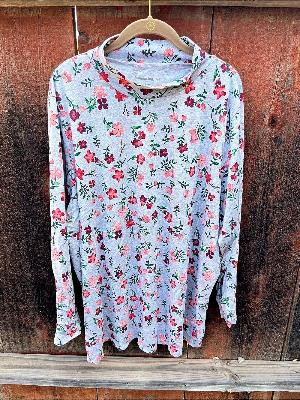 Woman Within Perfect Printed Long-Sleeve Mockneck Tee Blue & Pink 2X